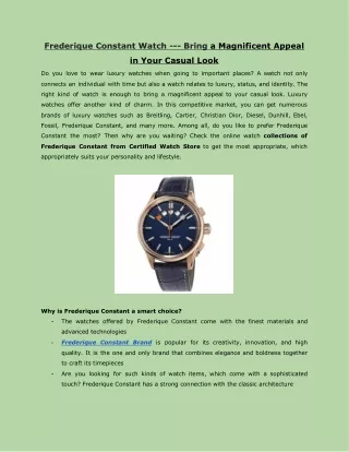 Frederique Constant Watch --- Bring a Magnificent Appeal in Your Casual Look