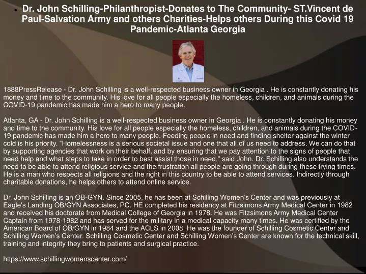 dr john schilling philanthropist donates