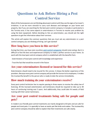 questions to ask before hiring a pest control