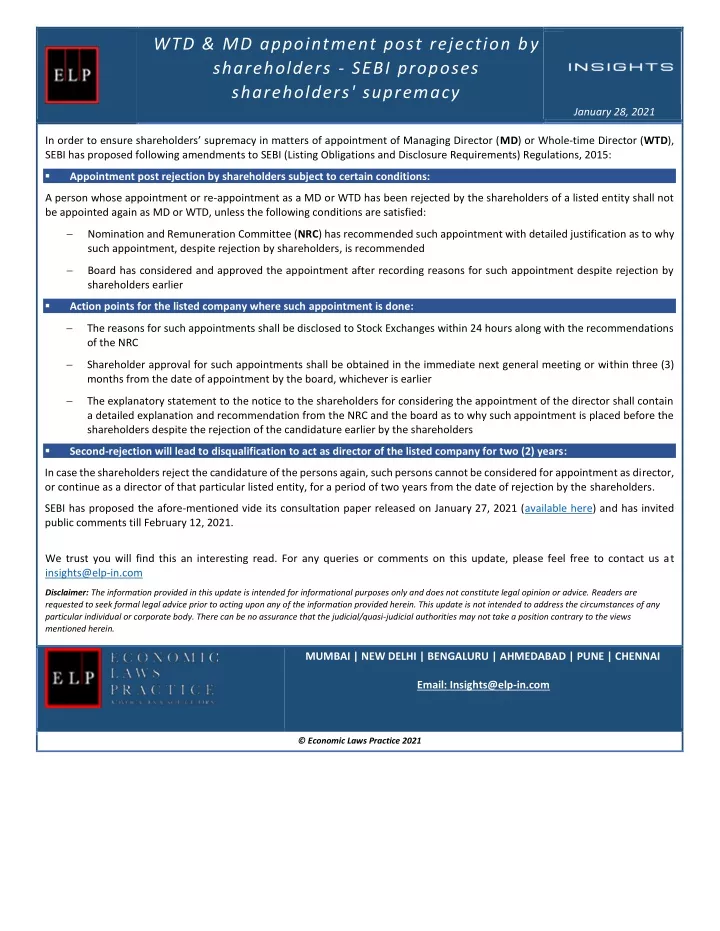 wtd md appointment post rejection by shareholders