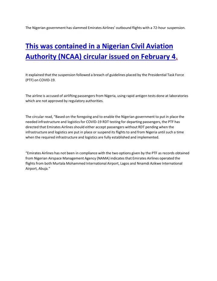this was contained in a nigerian civil aviation authority ncaa circular issued on february 4