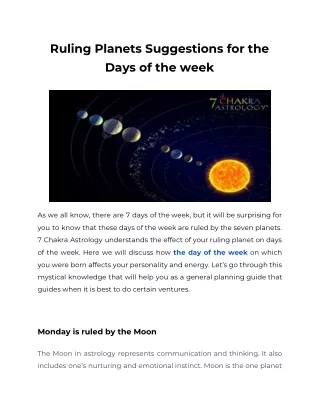 Ruling Planets Suggestions for the Days of the week