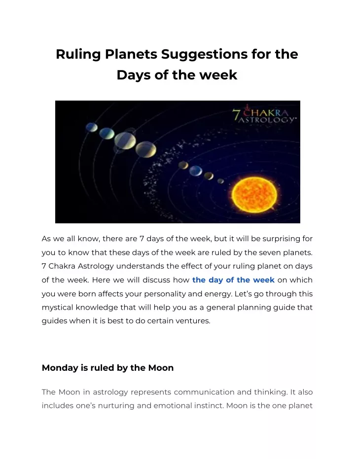 ruling planets suggestions for the days