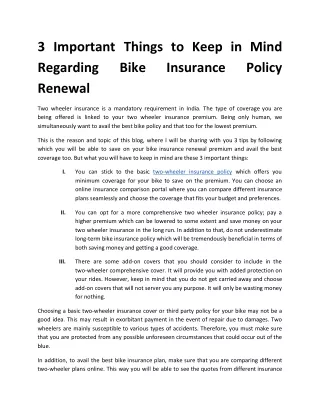 3 Important Things to Keep in Mind Regarding Bike Insurance Policy Renewal