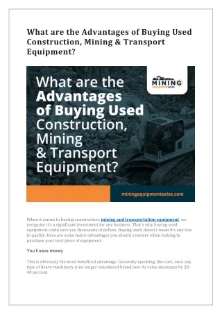 What are the Advantages of Buying Used Construction, Mining & Transport Equipment?