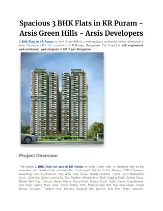 Spacious 3 BHK Flats in KR Puram - Arsis Green Hills - Arsis Developers