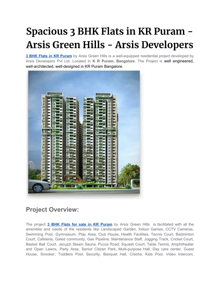spacious 3 bhk flats in kr puram arsis green