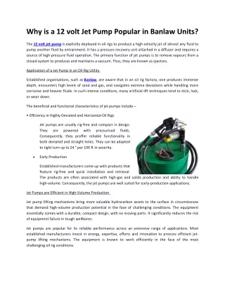 why is a 12 volt jet pump popular in banlaw units