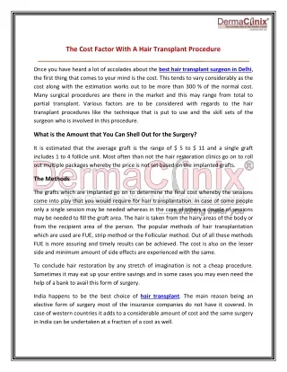 The Cost Factor With A Hair Transplant Procedure