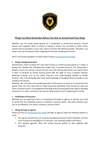 Things You Must Remember Before You Hire an Armed Guard San Diego