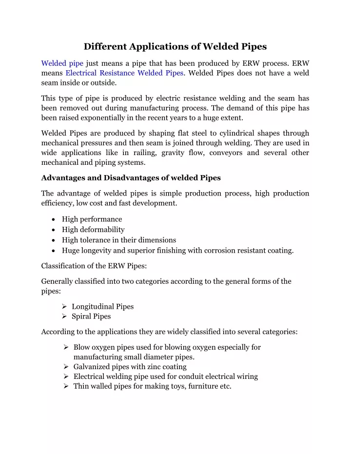 different applications of welded pipes