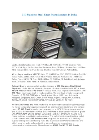 310 Stainless Steel Sheet Manufacturers