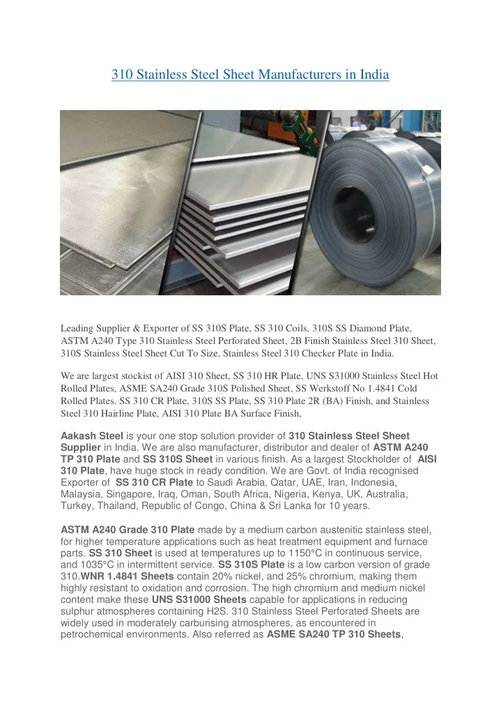 310 stainless steel sheet manufacturers in india