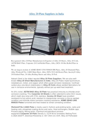 Alloy 20 Plate Suppliers
