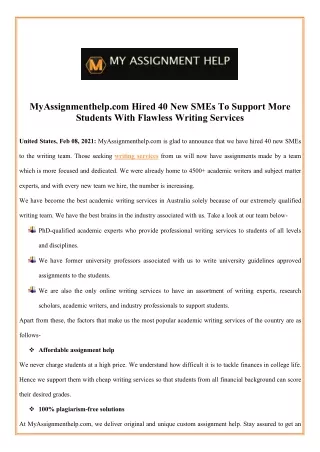 MyAssignmenthelp.com Hired 40 New SMEs To Support More Students With Flawless Writing Services