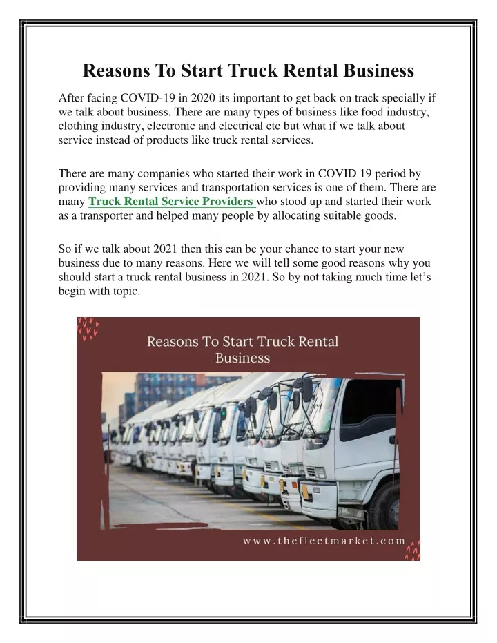 reasons to start truck rental business