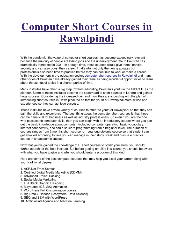 computer short courses in rawalpindi with