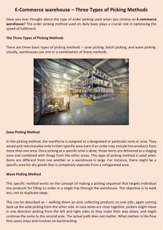 E-Commerce warehouse – Three Types of Picking Methods
