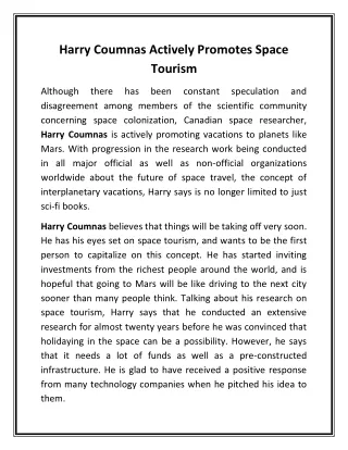 harry coumnas actively promotes space tourism