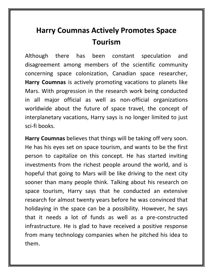 harry coumnas actively promotes space tourism