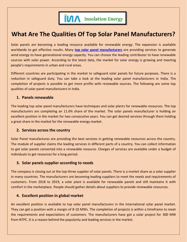 what are the qualities of top solar panel