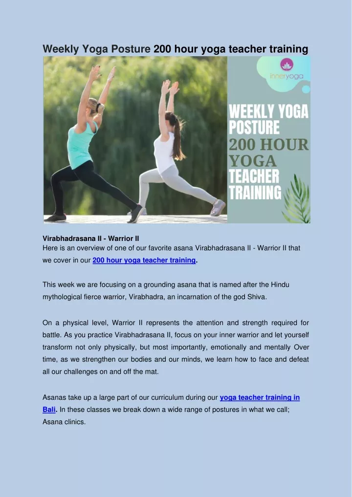 weekly yoga posture 200 hour yoga teacher training