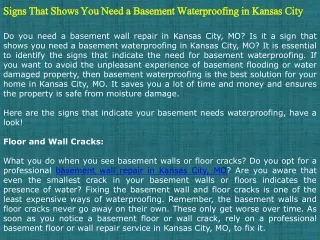 Signs That Shows You Need a Basement Waterproofing in Kansas City