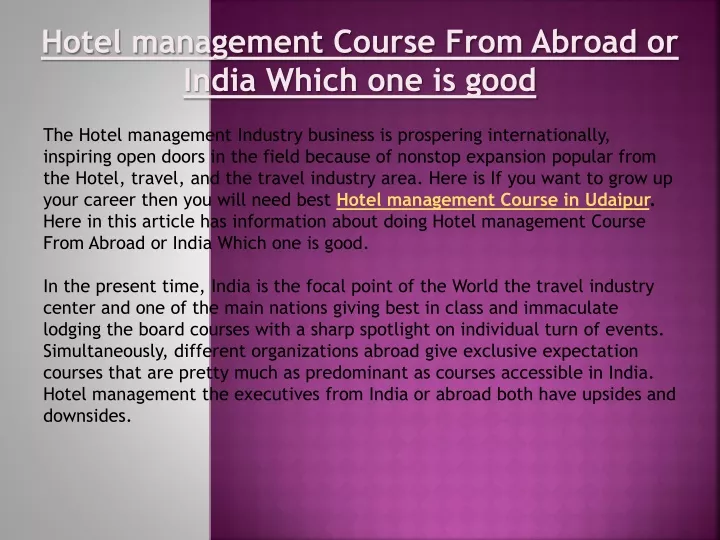 hotel management course from abroad or india