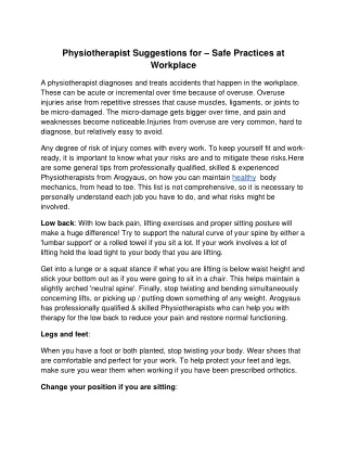 Physiotherapist Suggestions for – Safe Practices at Workplace