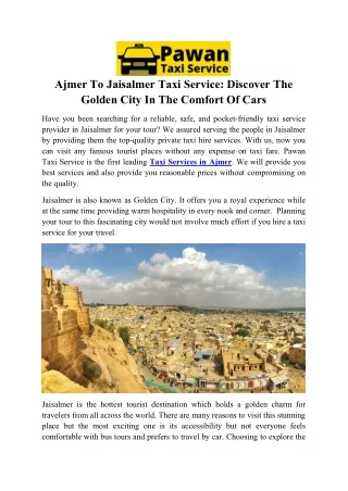 Ajmer To Jaisalmer Taxi Service: Discover The Golden City In The Comfort Of Cars