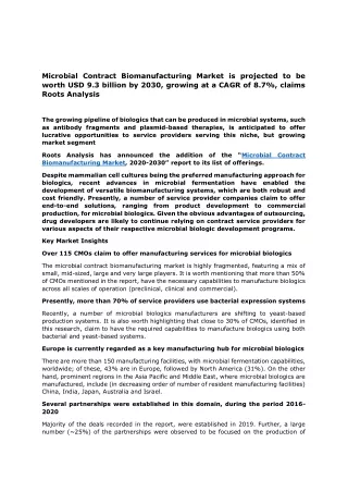 Microbial Contract Biomanufacturing Market is projected to be worth USD 9.3 billion by 2030