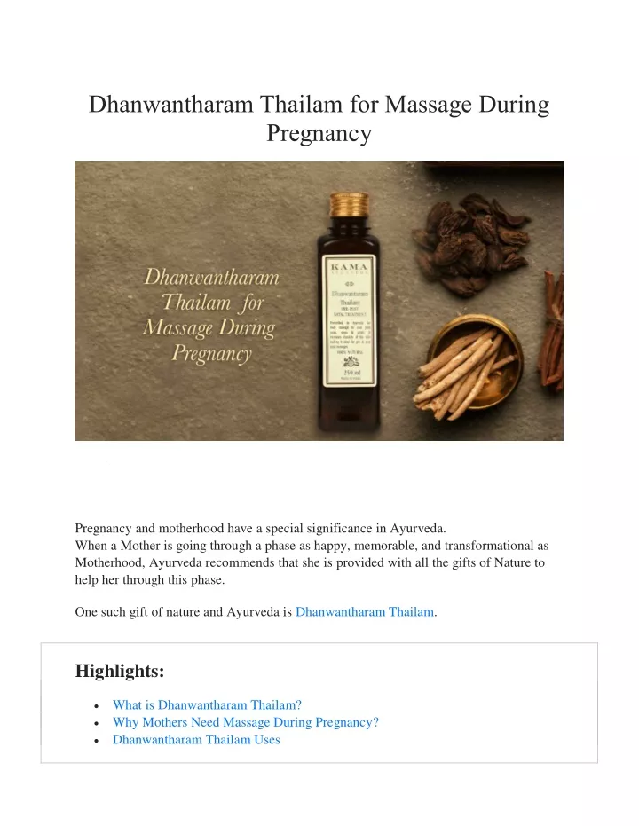 dhanwantharam thailam for massage during pregnancy