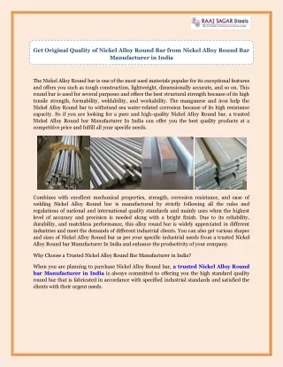 Get Original Quality of Nickel Alloy Round Bar from Nickel Alloy Round Bar Manufacturer in India