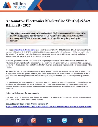 Automotive Electronics Market Size Worth $493.69 Billion By 2027