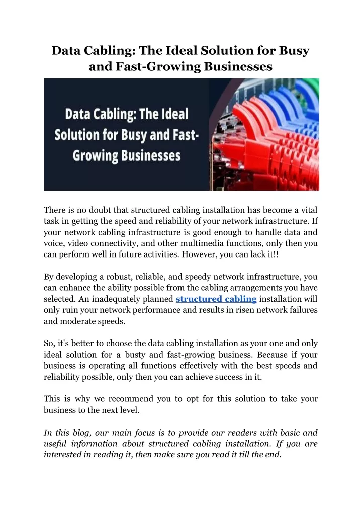data cabling the ideal solution for busy and fast