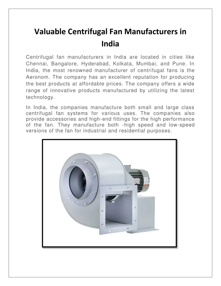 valuable centrifugal fan manufacturers in india