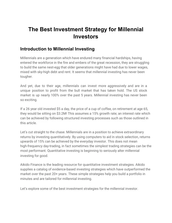 the best investment strategy for millennial