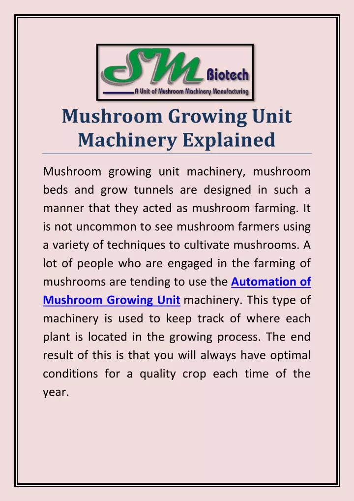 mushroom growing unit machinery explained