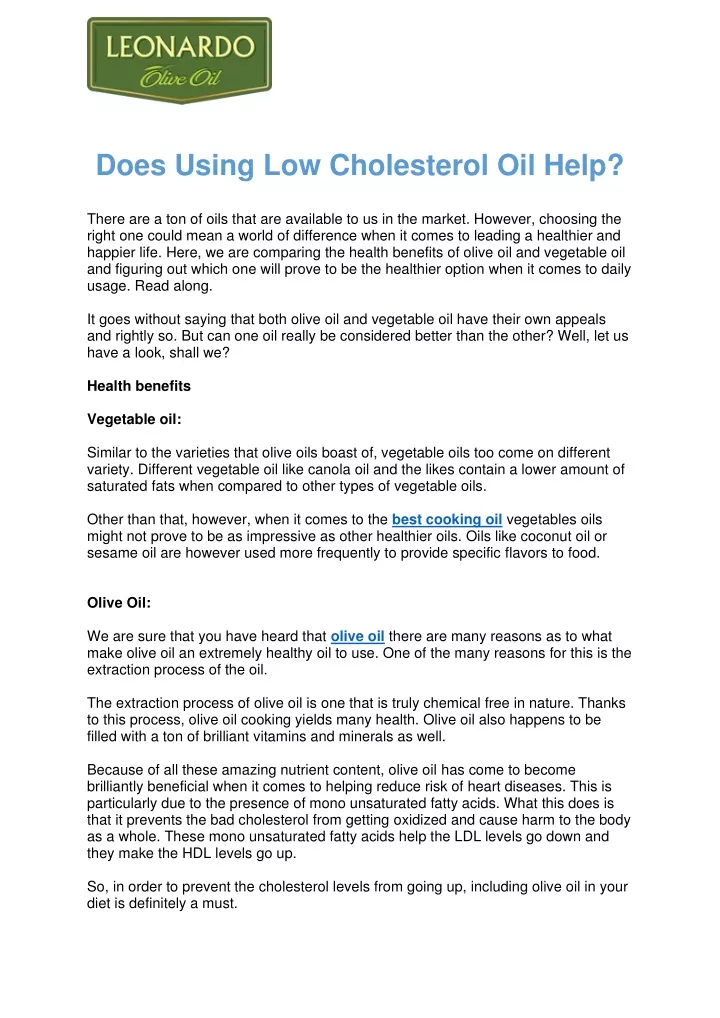 does using low cholesterol oil help