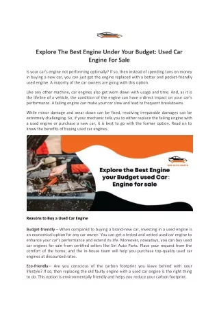 Explore The Best Engine Under Your Budget: Used Car Engine For Sale