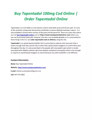 Buy Tapentadol 100mg Cod Online | Order Tapentadol Online
