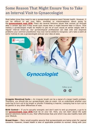 Some Reason That Might Ensure You to Take an Interval Visit to Gynecologist