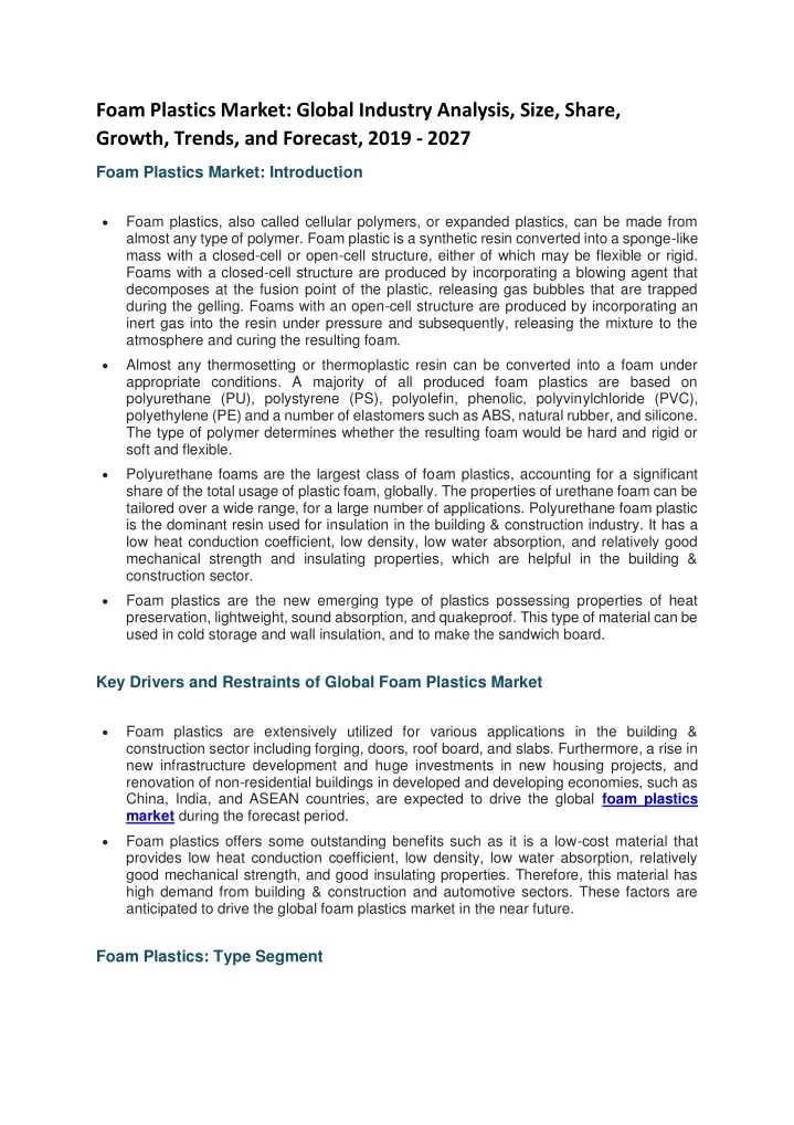 foam plastics market global industry analysis