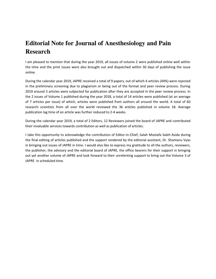 editorial note for journal of anesthesiology