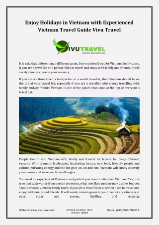 Enjoy Holidays in Vietnam with Experienced Vietnam Travel Guide Vivu Travel