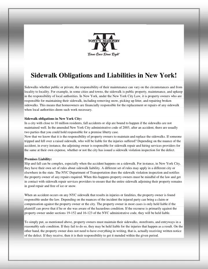 sidewalk obligations and liabilities in new york