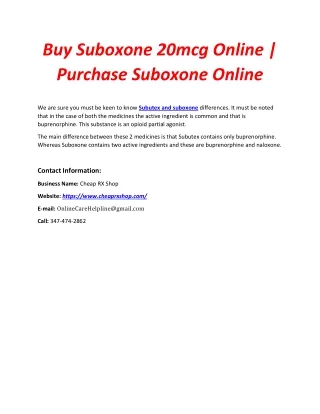 Buy Suboxone 20mcg Online | Purchase Suboxone Online