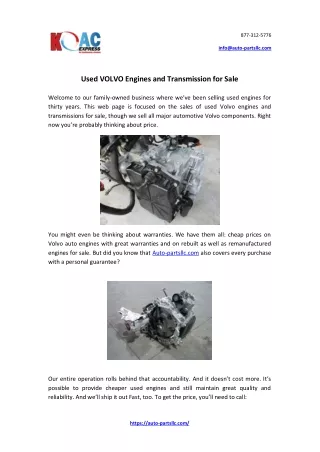 Used Volvo Engines and Transmission for Sale - Auto Parts LLC