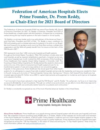 Federation of American Hospitals Elects Prime Founder, Dr. Prem Reddy, as Chair-Elect for 2021 Board of Directors