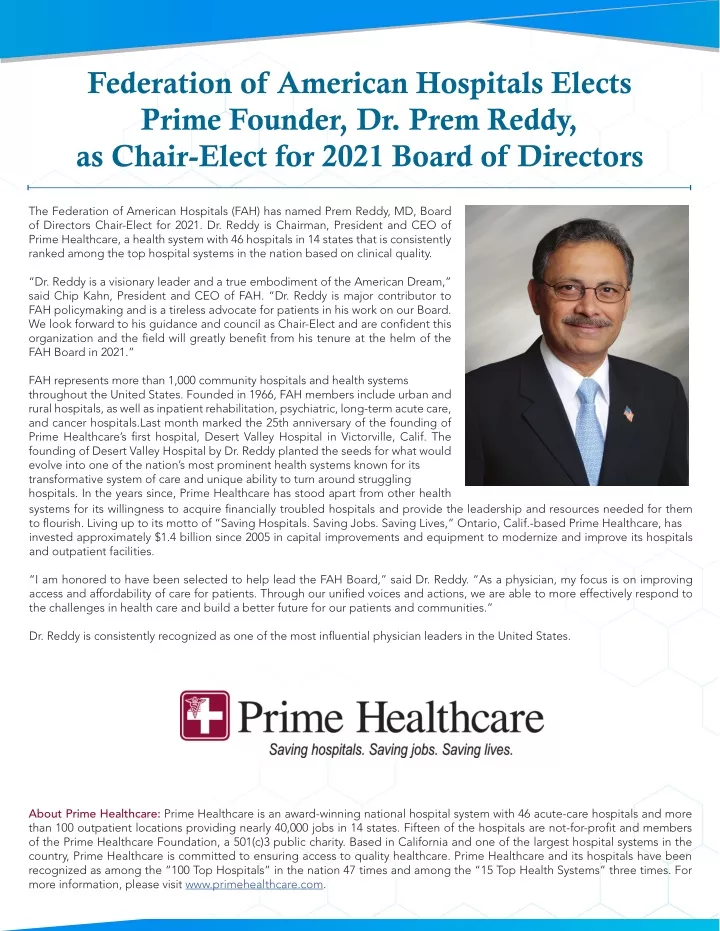 federation of american hospitals elects prime